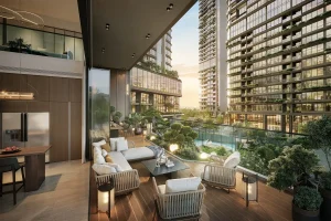 Logia căn hộ nhìn ra cảnh quan nội khu và các tòa tháp dự án MIK Group