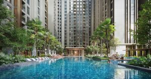 Hồ bơi và không gian cảnh quan giữa các tòa căn hộ tại khu đô thị của MIK Group