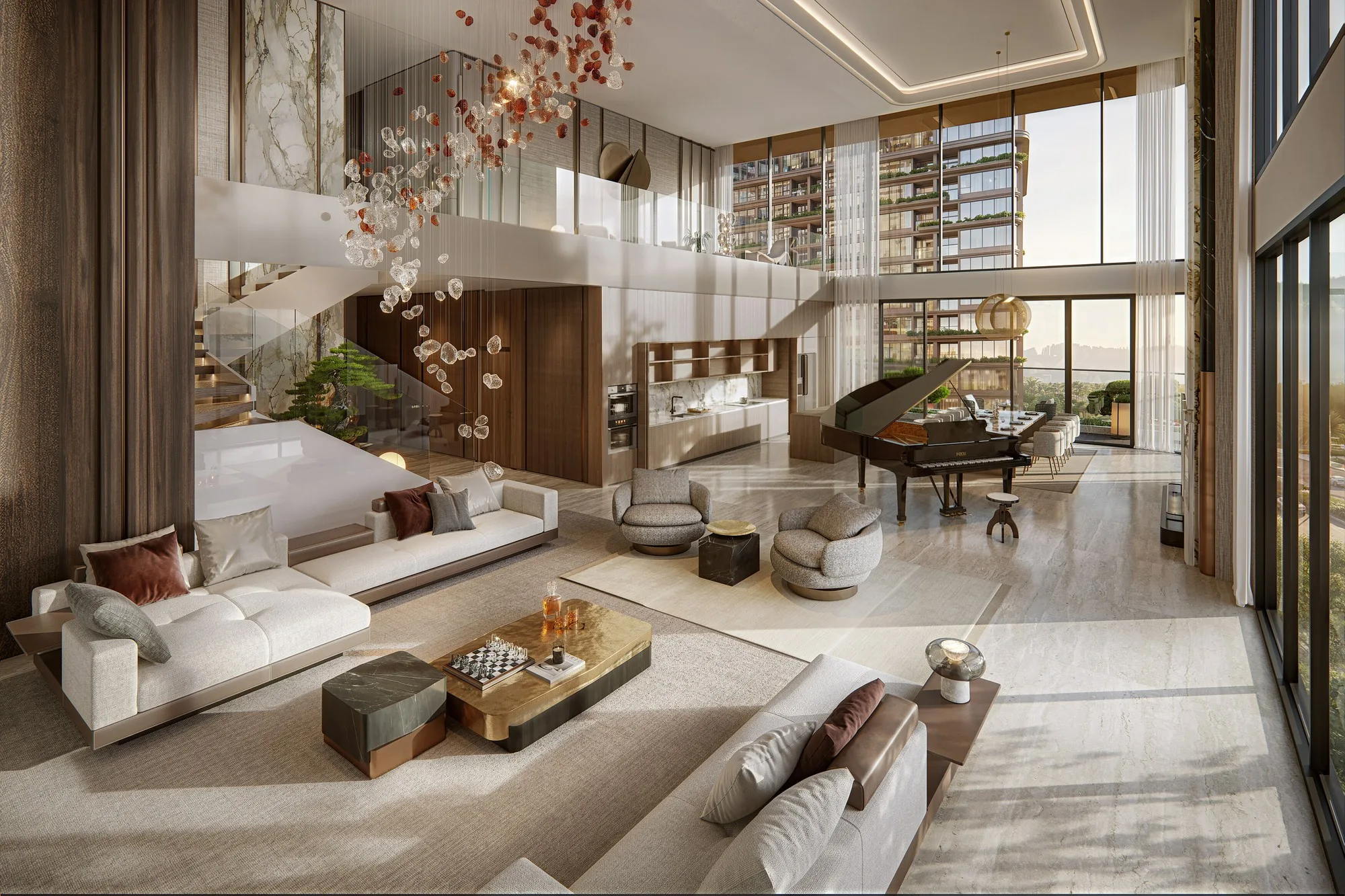 Không gian phòng khách căn hộ Signature Residences với cầu thang, đàn piano và view ra các tòa nhà cao tầng