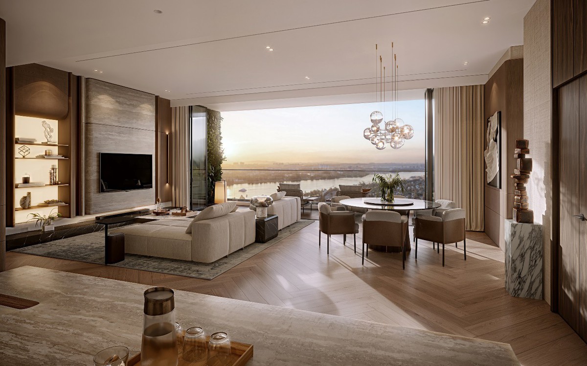 Phòng khách căn hộ The Magnolia với tầm nhìn hướng sông tại Long Biên