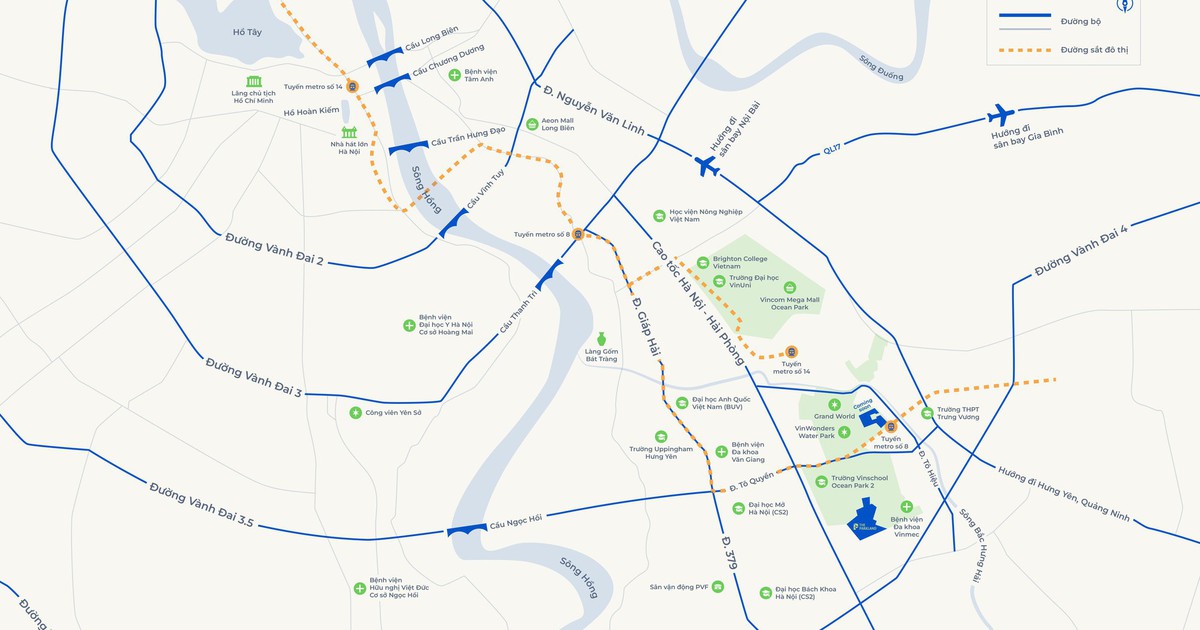 Bản đồ hệ thống cầu, đường vành đai và tuyến metro kết nối khu Đông Hà Nội quanh khu vực Ocean Park