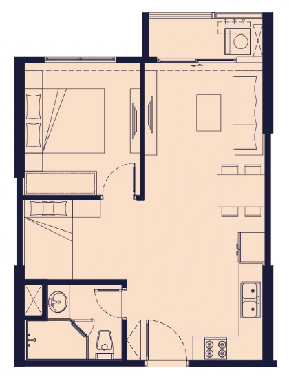 Mặt bằng căn hộ 1 phòng ngủ The CityOn, diện tích thông thủy 46,87 m², tim tường 50,20 m²