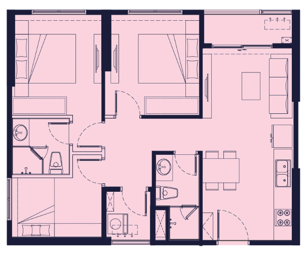 Mặt bằng căn hộ 2 phòng ngủ+ The CityOn, diện tích thông thủy 66,23 m², tim tường 70,90 m²
