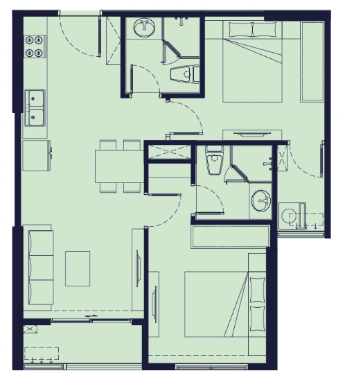 Mặt bằng căn hộ 2 phòng ngủ The CityOn, diện tích thông thủy 57,67 m², tim tường 61,48 m²