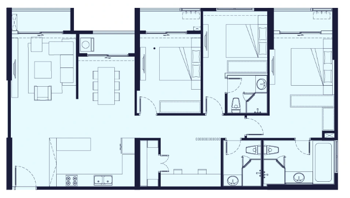 Mặt bằng căn hộ 3 phòng ngủ The CityOn, diện tích thông thủy 78,33 m², tim tường 83,30 m²