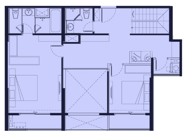 Mặt bằng căn hộ Duplex 3 phòng ngủ Tầng 2 The CityOn, diện tích thông thủy 77,08 m², tim tường 97,42 m²