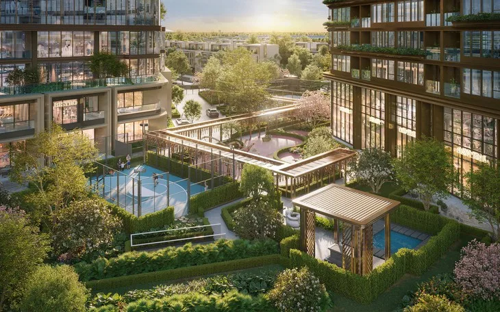 Phối cảnh khu tiện ích nội khu với sân thể thao và mảng xanh tại Imperia Ocean City
