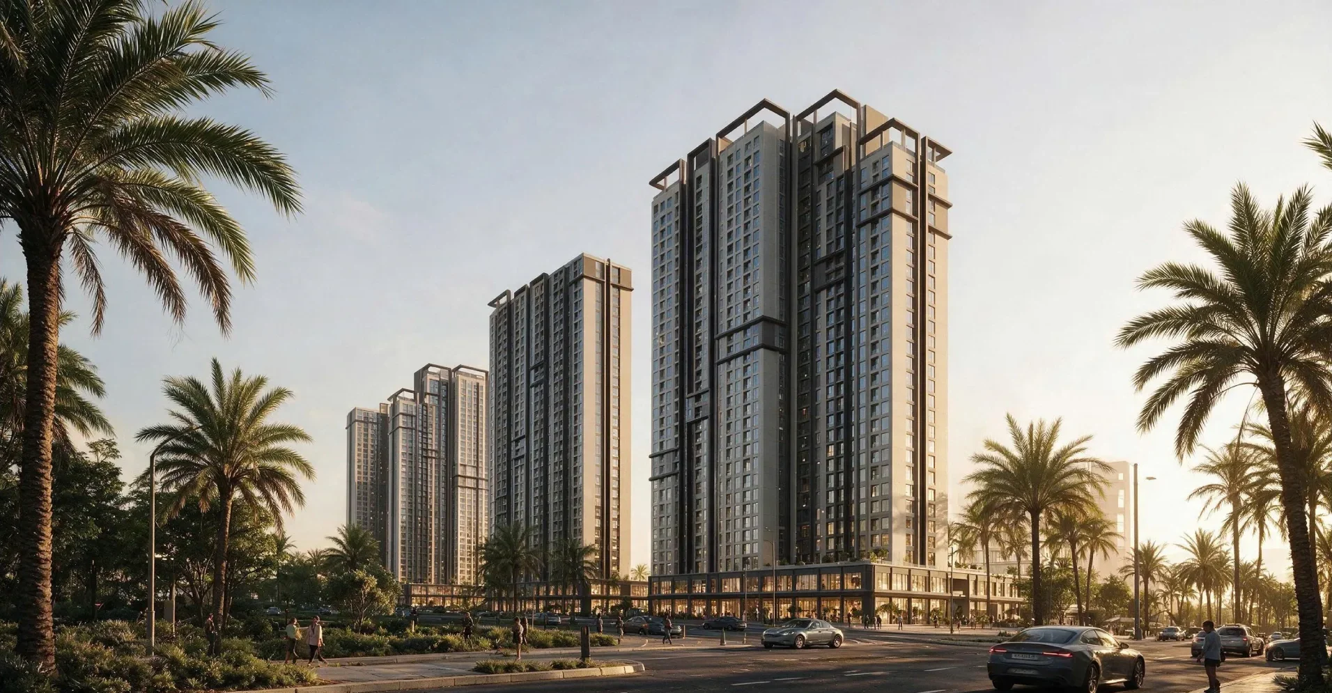 Phối cảnh The CityOn nhìn từ mặt đường với hàng cây cọ