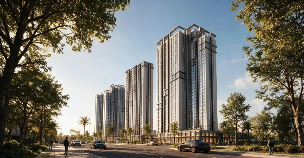 Phối cảnh The CityOn nhìn từ trục đường rợp cây