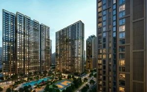 Phối cảnh tổ hợp căn hộ cao tầng Imperia Ocean City về đêm với hồ bơi và sân thể thao