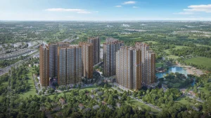 Phối cảnh tổng thể dự án Imperia Ocean City nhìn từ trên cao với không gian cây xanh bao quanh