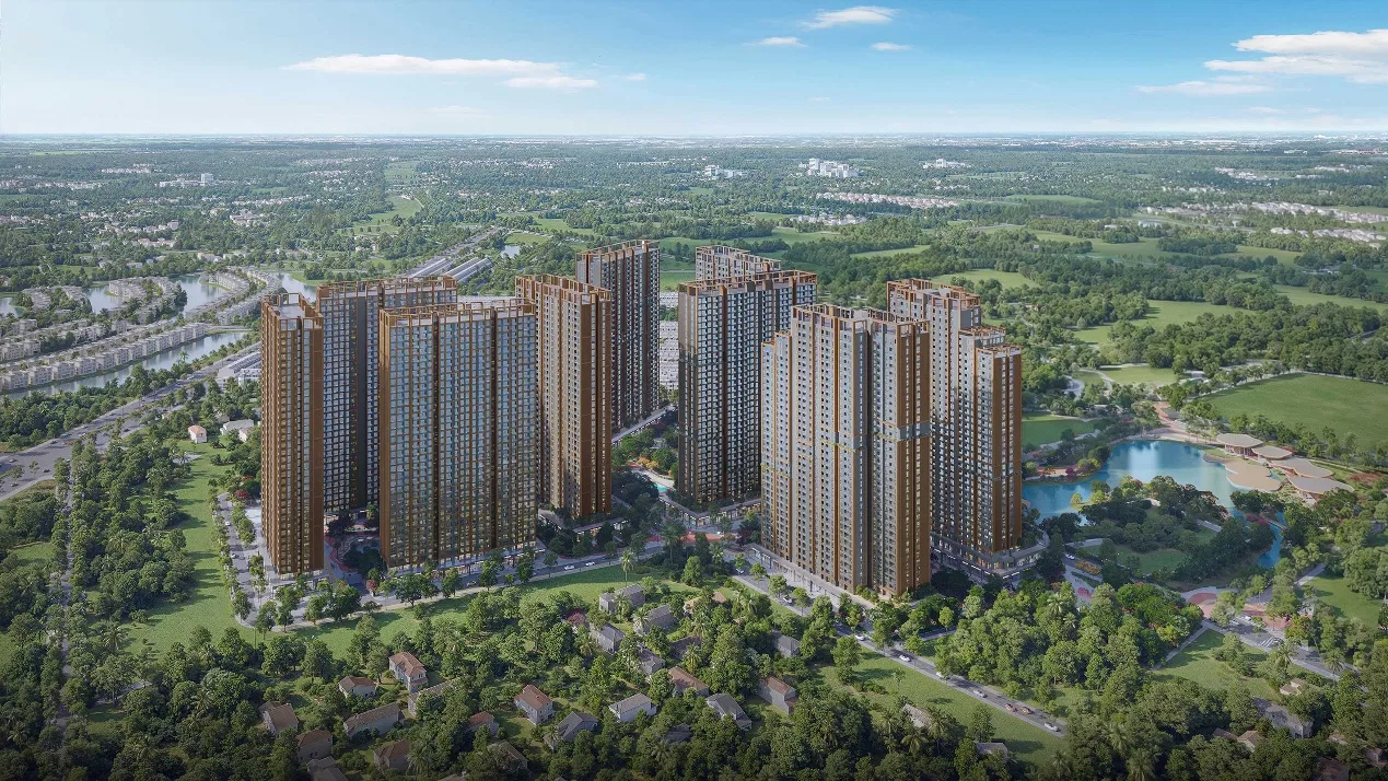Phối cảnh tổng thể dự án Imperia Ocean City nhìn từ trên cao với không gian cây xanh bao quanh