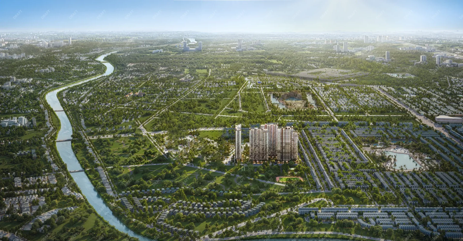 Phối cảnh tổng thể The CityOn giữa khu đô thị bên sông, nhìn từ trên cao