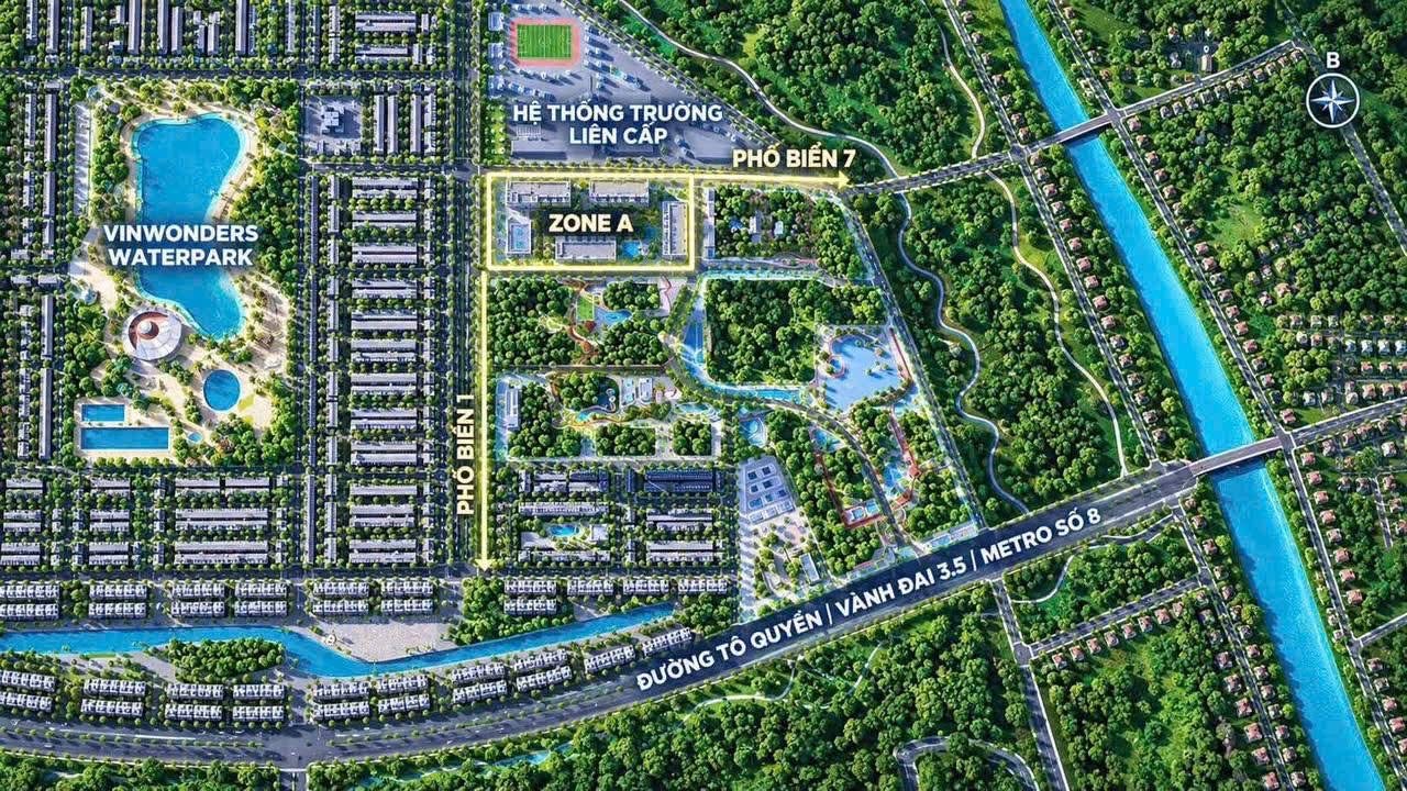 Sơ đồ vị trí tòa A2 The CityOn trong phân khu Zone A, cạnh Vinwonders Waterpark và đường Tô Quyền
