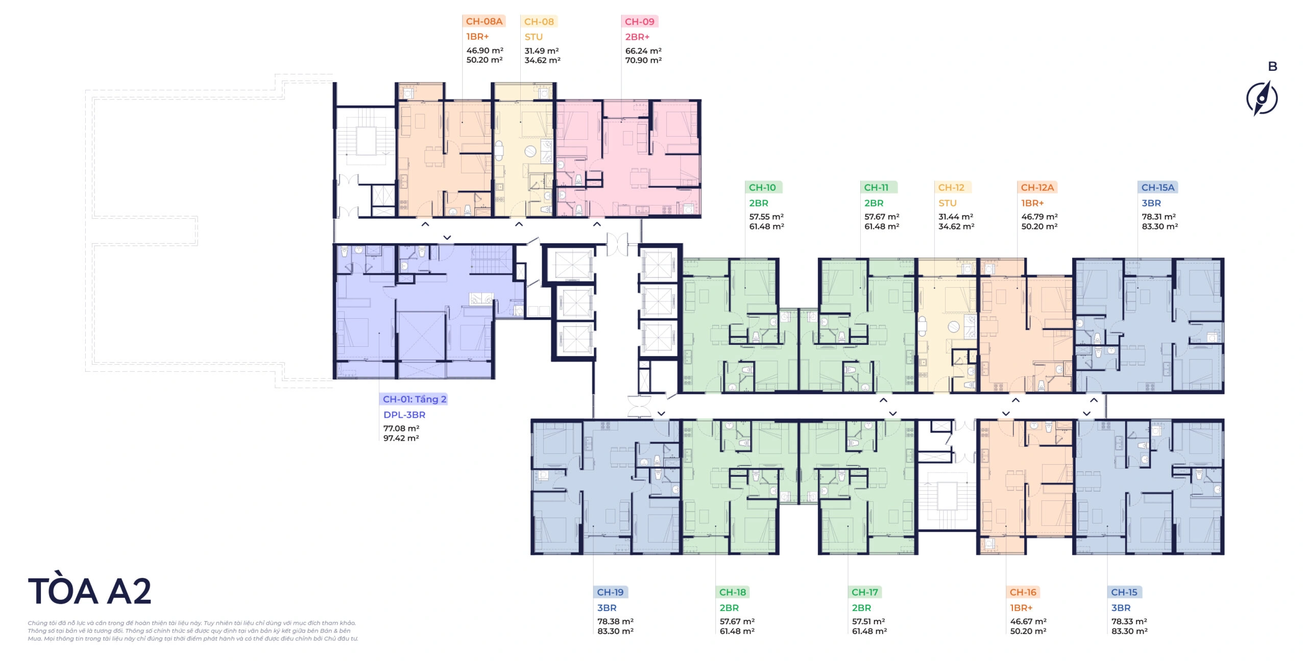 Mặt bằng tầng 33 tòa A2 The CityOn, căn Duplex 3 phòng ngủ CH-01 tầng 2 diện tích 77.08/97.42 m²