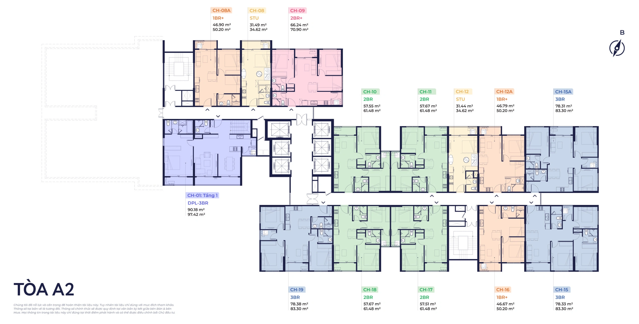 Mặt bằng tầng 34 tòa A2 The CityOn, căn Duplex 3 phòng ngủ CH-01 tầng 1 diện tích 90.18/97.42 m²