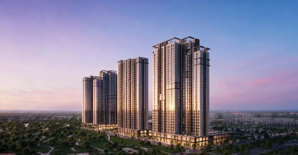 Toàn cảnh The CityOn và công viên nhìn từ trên cao lúc chạng vạng