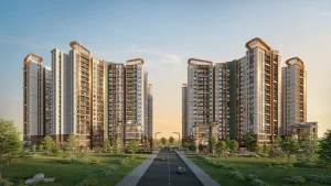 Hai cụm tháp 19 tầng của Norton Park nhìn từ đường nội khu, dự án Gamuda Land tại phường Thuận Giao, TP.HCM
