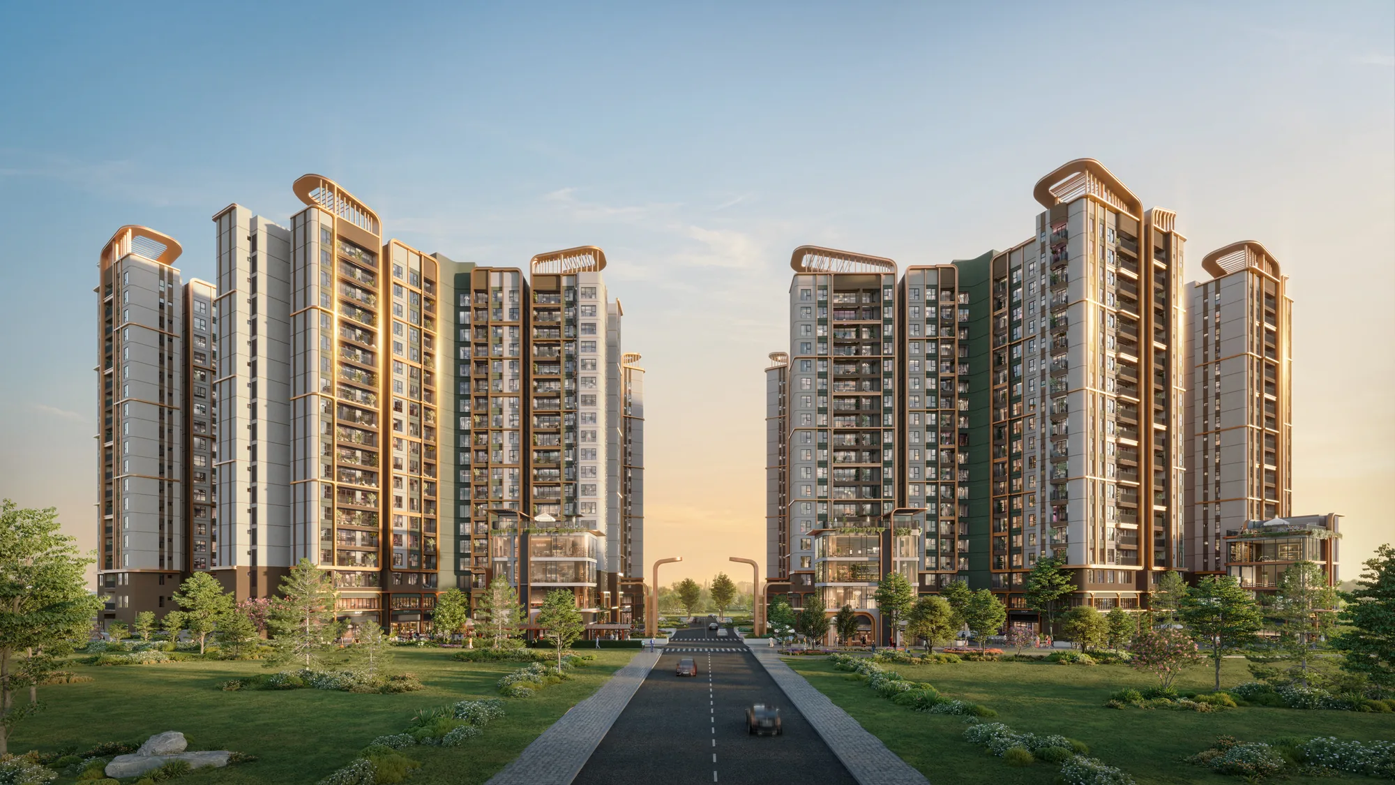 Hai cụm tháp 19 tầng của Norton Park nhìn từ đường nội khu, dự án Gamuda Land tại phường Thuận Giao, TP.HCM